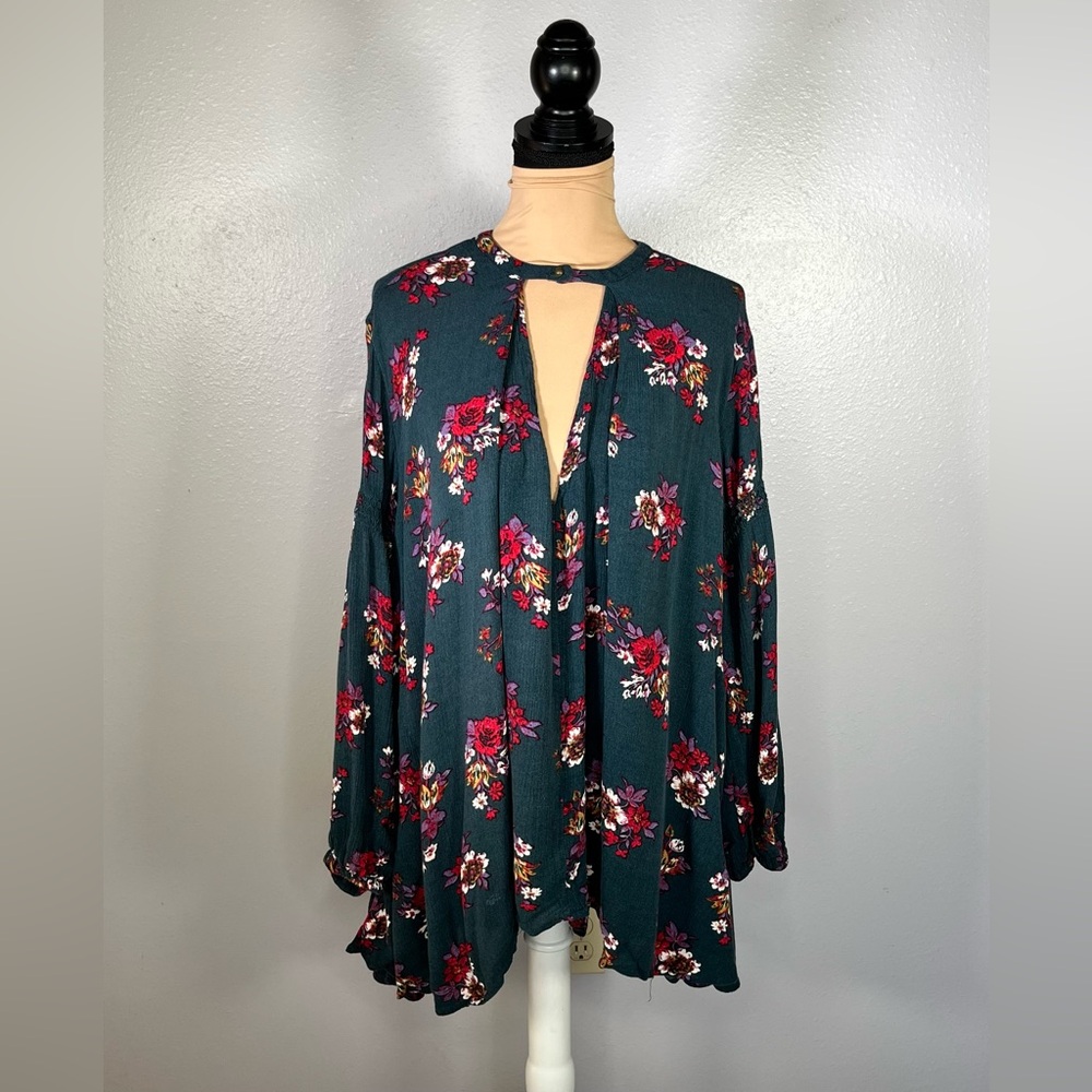 Free People Floral Keyhole flowy Tunic XS romantic Boho cottagecore fall indie